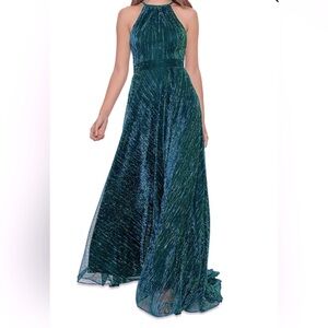 Betsy & Adam Metallic Halter Gown, color jade size 12